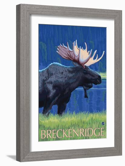 Breckenridge, Colorado, Moose in the Moonlight-Lantern Press-Framed Art Print