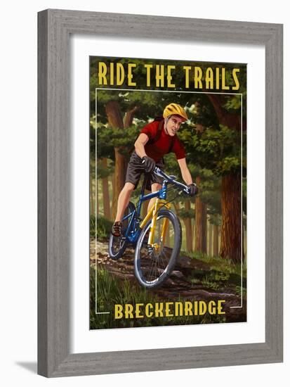 Breckenridge, Colorado - Mountain Biker in Trees-Lantern Press-Framed Art Print