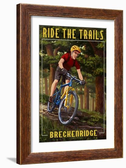 Breckenridge, Colorado - Mountain Biker in Trees-Lantern Press-Framed Art Print