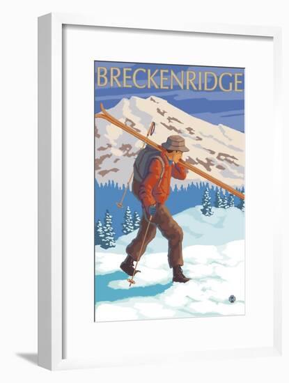 Breckenridge, Colorado, Skier Carrying Skis-Lantern Press-Framed Art Print