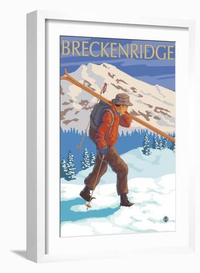 Breckenridge, Colorado, Skier Carrying Skis-Lantern Press-Framed Art Print