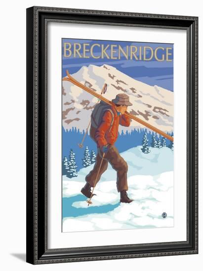 Breckenridge, Colorado, Skier Carrying Skis-Lantern Press-Framed Art Print