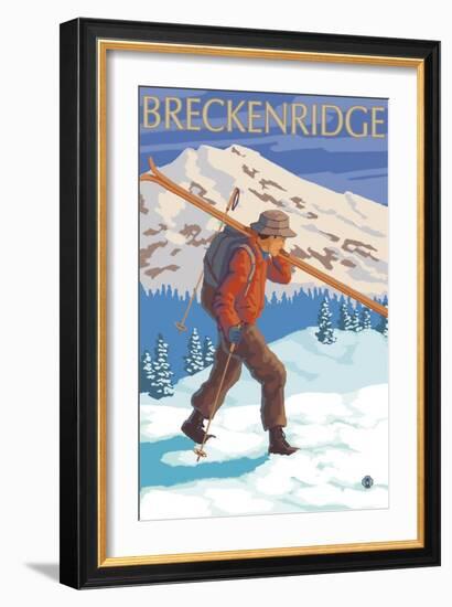 Breckenridge, Colorado, Skier Carrying Skis-Lantern Press-Framed Art Print