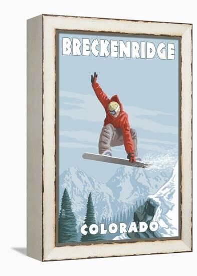 Breckenridge, Colorado - Snowboarder Jumping-Lantern Press-Framed Stretched Canvas