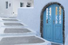 Morocco, Chefchaouen. Bougainvillea Blossoms Frame an Ornate Blue Door-Brenda Tharp-Photographic Print