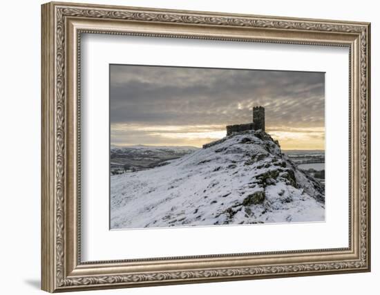 Brentor Church on a snowy outcrop on a winter morning, Dartmoor, Devon, England-Adam Burton-Framed Photographic Print