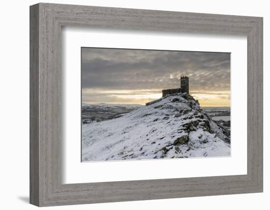 Brentor Church on a snowy outcrop on a winter morning, Dartmoor, Devon, England-Adam Burton-Framed Photographic Print