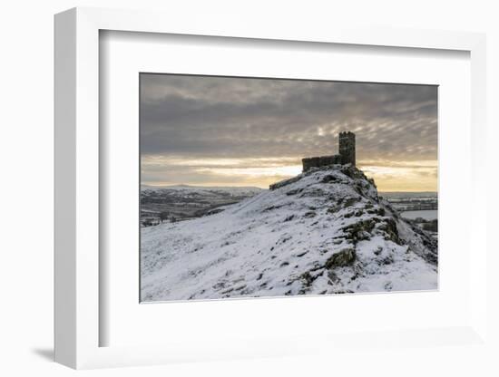 Brentor Church on a snowy outcrop on a winter morning, Dartmoor, Devon, England-Adam Burton-Framed Photographic Print