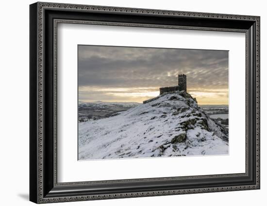 Brentor Church on a snowy outcrop on a winter morning, Dartmoor, Devon, England-Adam Burton-Framed Photographic Print