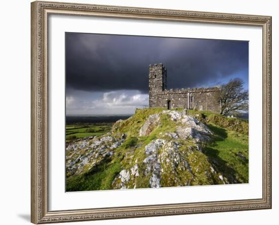 Brentor Church with Storm Clouds Behind, Evening View, Dartmoor Np, Devon, Uk. October 2008-Ross Hoddinott-Framed Photographic Print