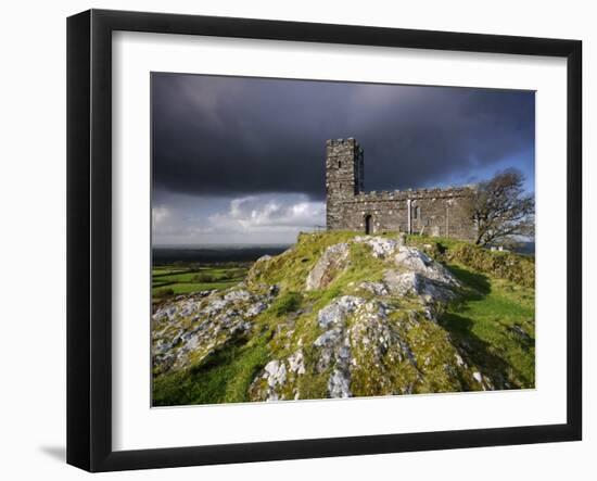 Brentor Church with Storm Clouds Behind, Evening View, Dartmoor Np, Devon, Uk. October 2008-Ross Hoddinott-Framed Photographic Print