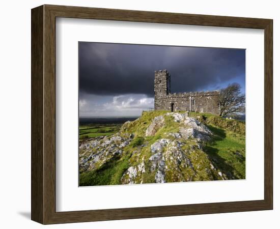 Brentor Church with Storm Clouds Behind, Evening View, Dartmoor Np, Devon, Uk. October 2008-Ross Hoddinott-Framed Photographic Print