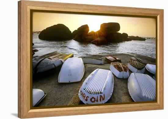 Bretagne, Sea, Rocks and Boats on the Beach at Ploumanach-Marcel Malherbe-Framed Premier Image Canvas