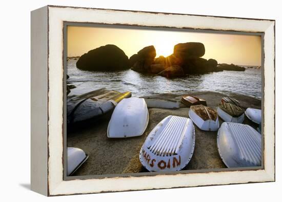 Bretagne, Sea, Rocks and Boats on the Beach at Ploumanach-Marcel Malherbe-Framed Premier Image Canvas