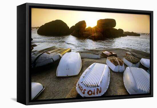 Bretagne, Sea, Rocks and Boats on the Beach at Ploumanach-Marcel Malherbe-Framed Premier Image Canvas