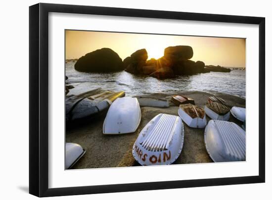 Bretagne, Sea, Rocks and Boats on the Beach at Ploumanach-Marcel Malherbe-Framed Photographic Print