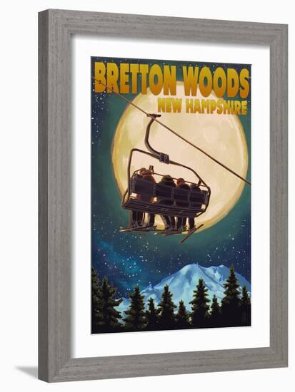 Bretton Woods, NH - Ski Lift and Full Moon-Lantern Press-Framed Art Print