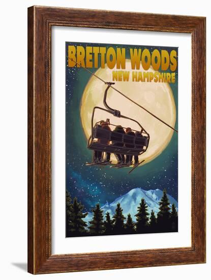 Bretton Woods, NH - Ski Lift and Full Moon-Lantern Press-Framed Art Print