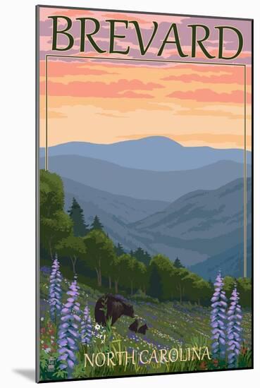 Brevard, North Carolina - Spring Flowers and Bear Family-Lantern Press-Mounted Art Print