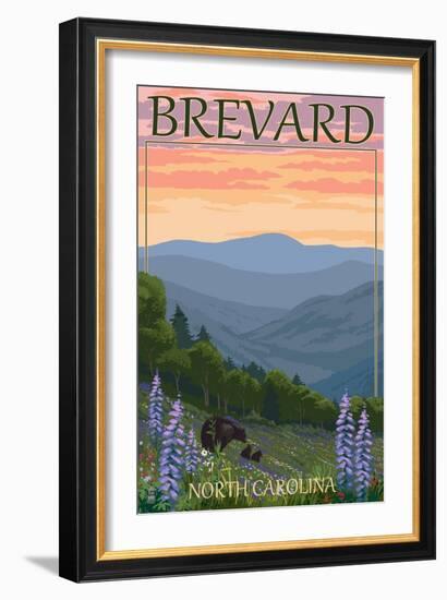 Brevard, North Carolina - Spring Flowers and Bear Family-Lantern Press-Framed Art Print