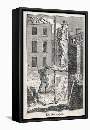 Bricklayer Standing on a Rather Precarious Looking Scaffold, His Assistant Mixes Mortar Behind Him-null-Framed Premier Image Canvas