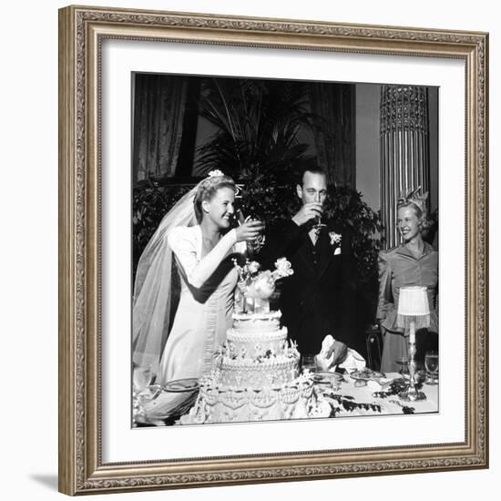 Bride and Groom Drinking Champagne After Wedding Ceremony in Manhattan-John Phillips-Framed Photographic Print