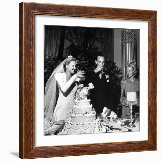 Bride and Groom Drinking Champagne After Wedding Ceremony in Manhattan-John Phillips-Framed Photographic Print