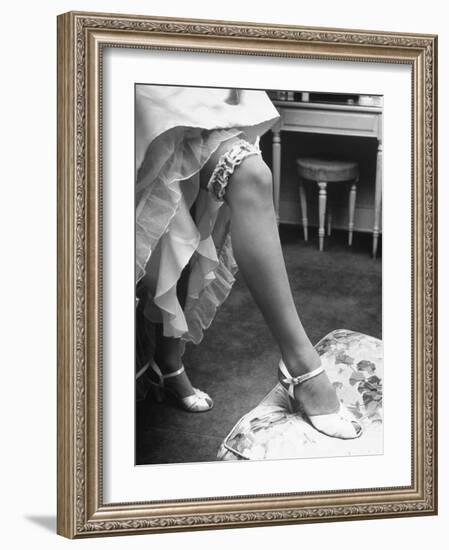 Bride Barbara Alvin Wearing a Blue Garter on Her Leg for Her Wedding-Nina Leen-Framed Photographic Print