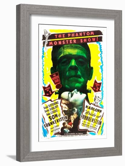 Bride of Frankenstein / Son of Frankenstein double feature poster featuring Boris Karloff-null-Framed Art Print