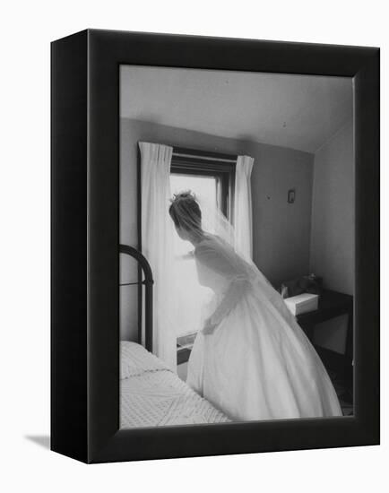 Bride Prepares for Wedding, in Traditional White Gown, 19th Century Wedding Dress in Oakes, N.D-null-Framed Premier Image Canvas