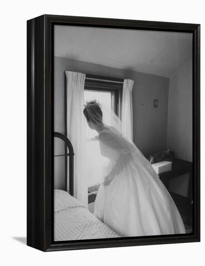 Bride Prepares for Wedding, in Traditional White Gown, 19th Century Wedding Dress in Oakes, N.D-null-Framed Premier Image Canvas