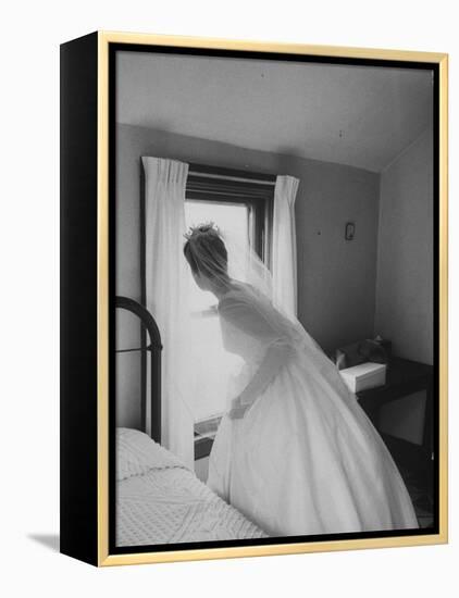 Bride Prepares for Wedding, in Traditional White Gown, 19th Century Wedding Dress in Oakes, N.D-null-Framed Premier Image Canvas