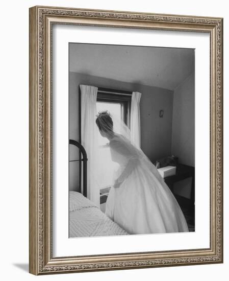 Bride Prepares for Wedding, in Traditional White Gown, 19th Century Wedding Dress in Oakes, N.D-null-Framed Photographic Print