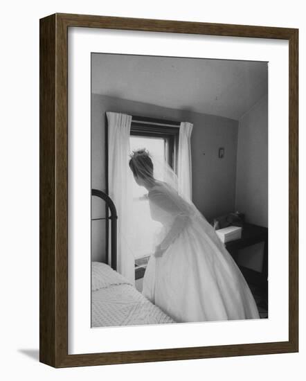 Bride Prepares for Wedding, in Traditional White Gown, 19th Century Wedding Dress in Oakes, N.D-null-Framed Photographic Print