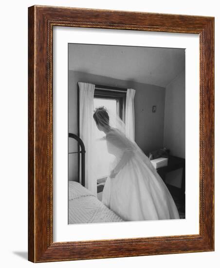 Bride Prepares for Wedding, in Traditional White Gown, 19th Century Wedding Dress in Oakes, N.D-null-Framed Photographic Print