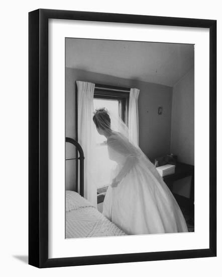 Bride Prepares for Wedding, in Traditional White Gown, 19th Century Wedding Dress in Oakes, N.D-null-Framed Photographic Print