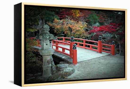 Bridge and Autumn Colours in Miyajima Japan-Neale Cousland-Framed Premier Image Canvas
