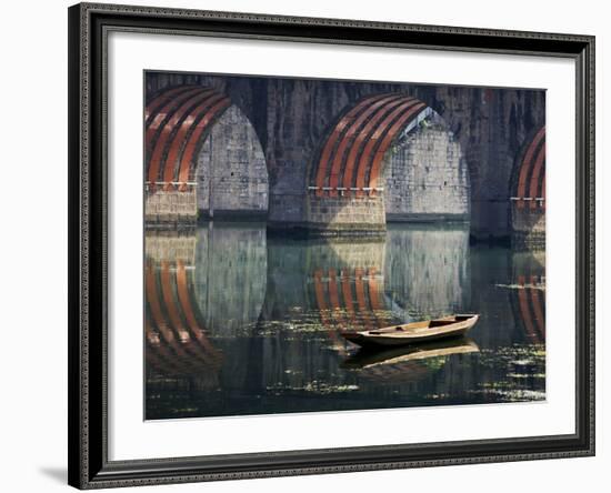 Bridge and Boat on Wuyang River, Zhenyuan, Guizhou, China-Keren Su-Framed Photographic Print