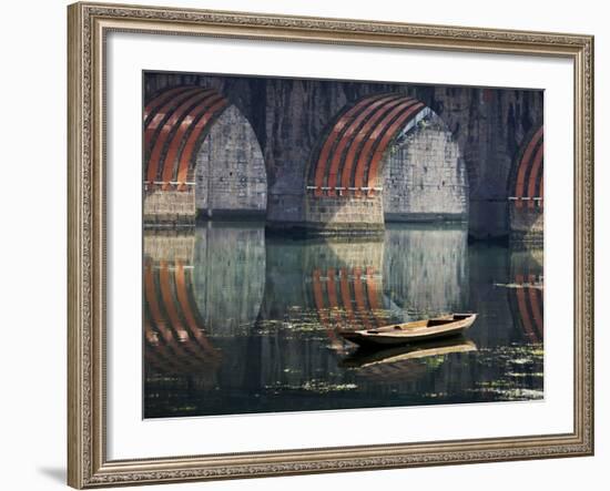 Bridge and Boat on Wuyang River, Zhenyuan, Guizhou, China-Keren Su-Framed Photographic Print