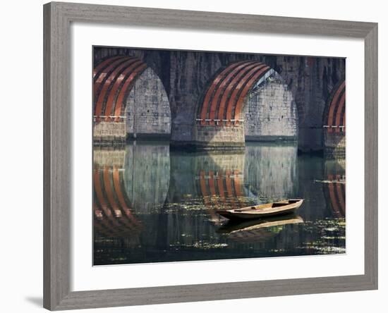 Bridge and Boat on Wuyang River, Zhenyuan, Guizhou, China-Keren Su-Framed Photographic Print