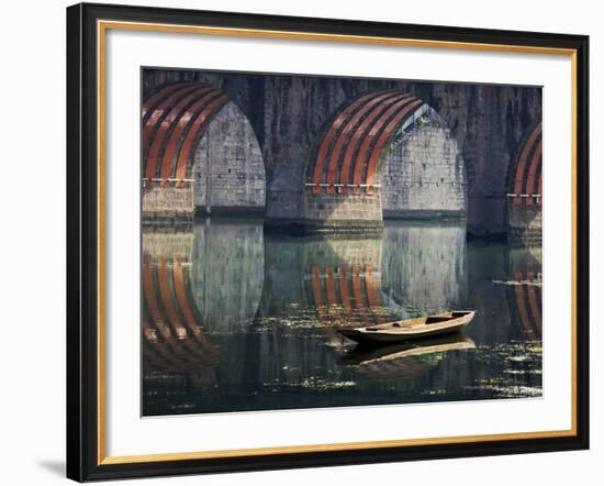 Bridge and Boat on Wuyang River, Zhenyuan, Guizhou, China-Keren Su-Framed Photographic Print