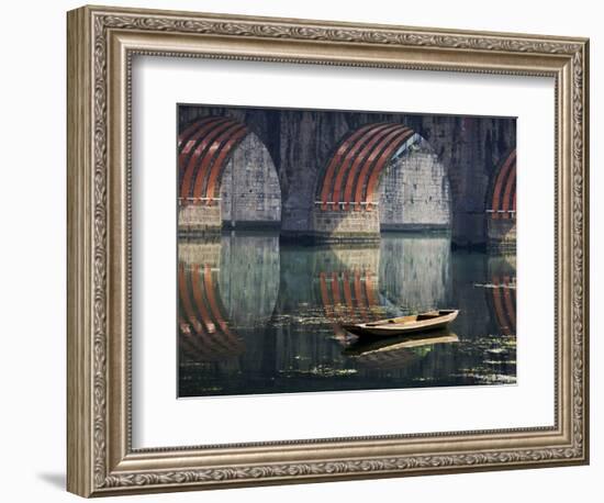 Bridge and Boat on Wuyang River, Zhenyuan, Guizhou, China-Keren Su-Framed Photographic Print