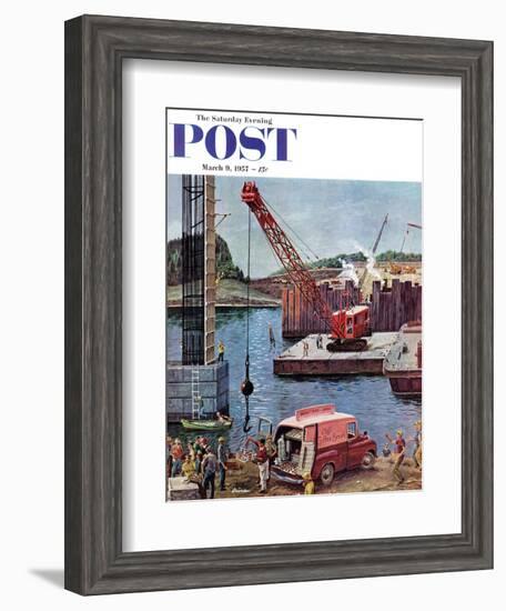 "Bridge Construction" Saturday Evening Post Cover, March 9, 1957-Ben Kimberly Prins-Framed Giclee Print