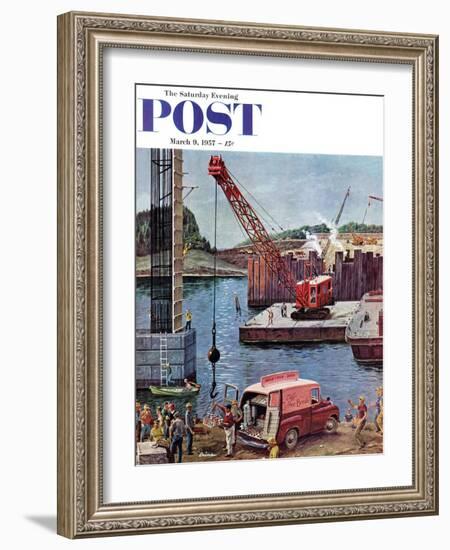 "Bridge Construction" Saturday Evening Post Cover, March 9, 1957-Ben Kimberly Prins-Framed Giclee Print