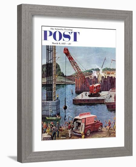 "Bridge Construction" Saturday Evening Post Cover, March 9, 1957-Ben Kimberly Prins-Framed Giclee Print