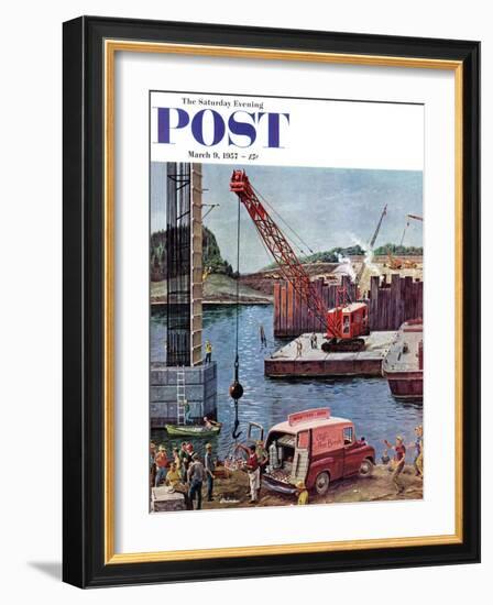 "Bridge Construction" Saturday Evening Post Cover, March 9, 1957-Ben Kimberly Prins-Framed Giclee Print