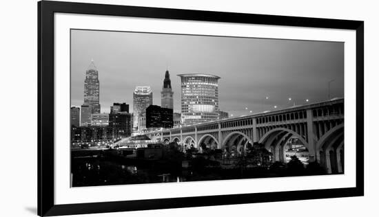 Bridge in a City Lit Up at Dusk, Detroit Avenue Bridge, Cleveland, Ohio, USA-null-Framed Photographic Print