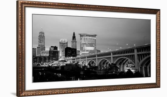 Bridge in a City Lit Up at Dusk, Detroit Avenue Bridge, Cleveland, Ohio, USA-null-Framed Photographic Print