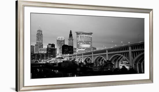 Bridge in a City Lit Up at Dusk, Detroit Avenue Bridge, Cleveland, Ohio, USA-null-Framed Photographic Print