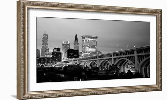 Bridge in a City Lit Up at Dusk, Detroit Avenue Bridge, Cleveland, Ohio, USA-null-Framed Photographic Print